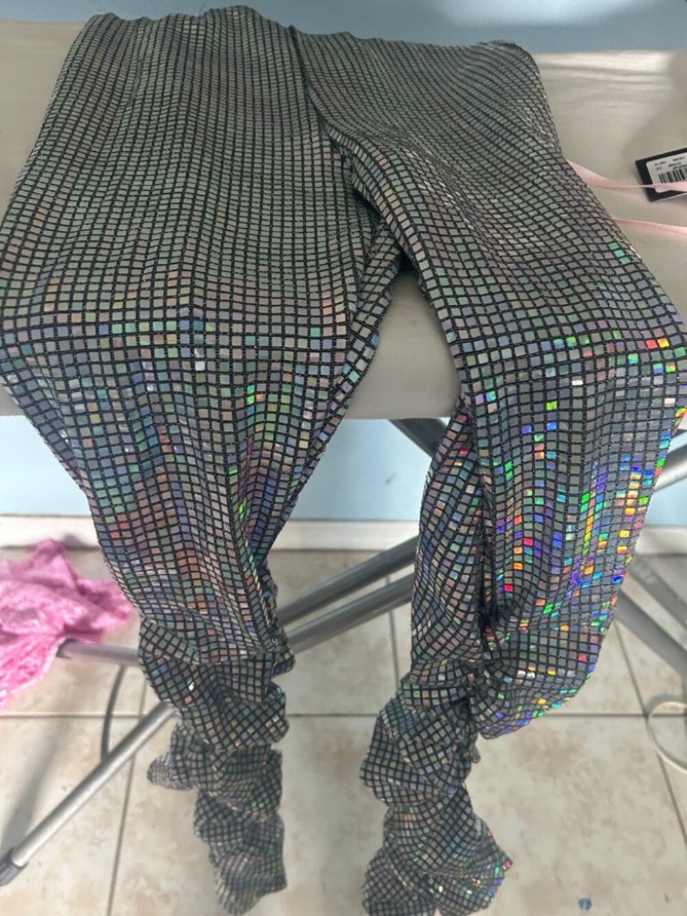 AKIRA Holographic Silver Square Mosaic Sequin Disco Flare Pants – S